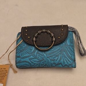 Tony Lama Turquoise Tooled Leather Clutch with Brown Flap